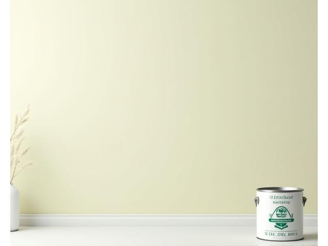 Interior wall painted with a soft, natural hue, accompanied by a paint can prominently displaying a 'Zero VOC' label and health certifications.
