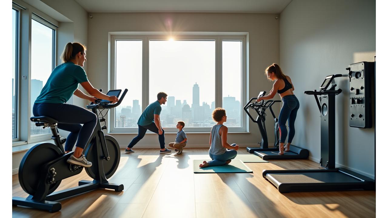 A diverse family, including parents, teenagers, and a child, simultaneously engaging in different fitness activities like yoga, light weights, and cycling, in a modern, well-lit apartment gym space.